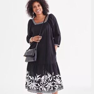 🆕 Style & Co Black White Women Printed Square Neck Midi Linen Modal Dress XXL